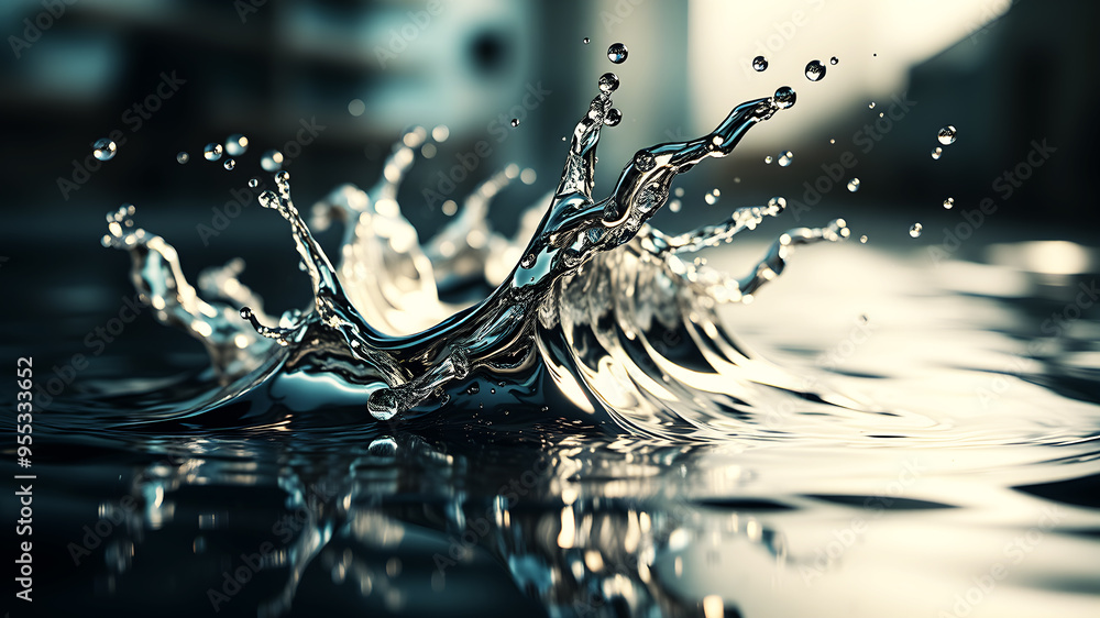 Poster a dynamic 3d wave of liquid metal splashing against a reflective surface, capturing movement and tex
