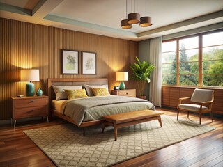 Warm beige walls provide a cozy backdrop for a classic retro dresser and nightstand, paired with a plush