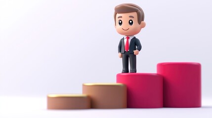 A cheerful businessman figurine standing on colorful blocks, symbolizing progress and success in a modern, minimalistic setting.
