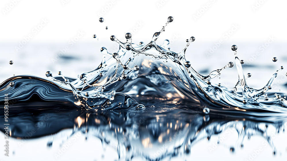 Poster a dynamic 3d wave of liquid metal splashing against a reflective surface, capturing movement and tex