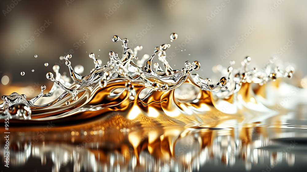 Poster a dynamic 3d wave of liquid metal splashing against a reflective surface, capturing movement and tex