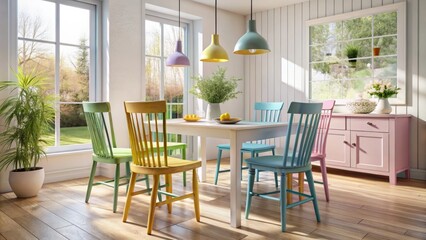 Warmly lit, delicate strokes on softly cushioned chairs and distressed wood tabletop evoke cozy sophistication in this