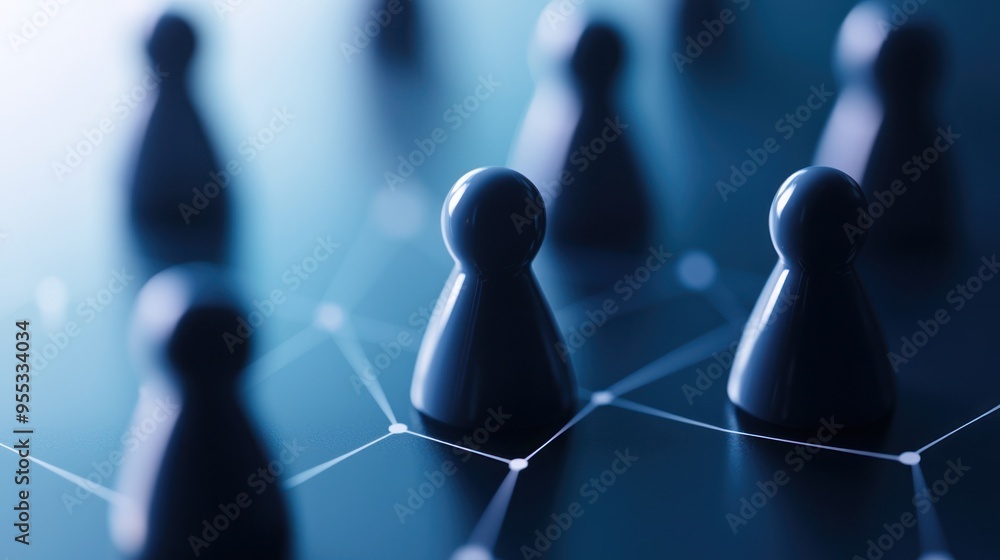 Poster a close-up of dark game pieces arranged on a digital network background, symbolizing strategy and co