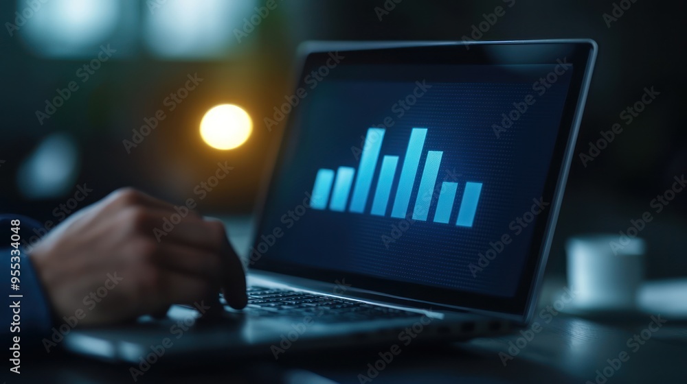 Poster a close-up of a person working on a laptop, analyzing data visualizations on the screen in a dimly l