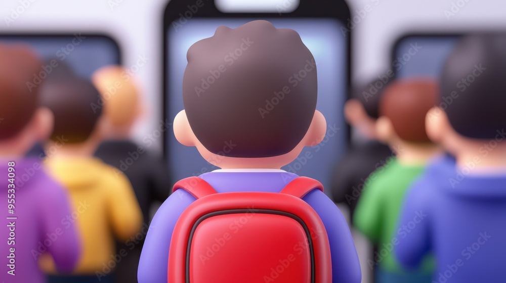 Poster a colorful group of characters facing a screen, highlighting the theme of technology and connection 