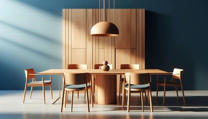 luxurious Scandinavian style loft, modern wooden dining room, decoration and real estate, created with generative A.I. tools.
