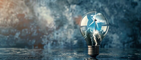 Lightbulb with wind turbines inside, lightning and cloud, symbolizing renewable energy, set against a dramatic, dark background