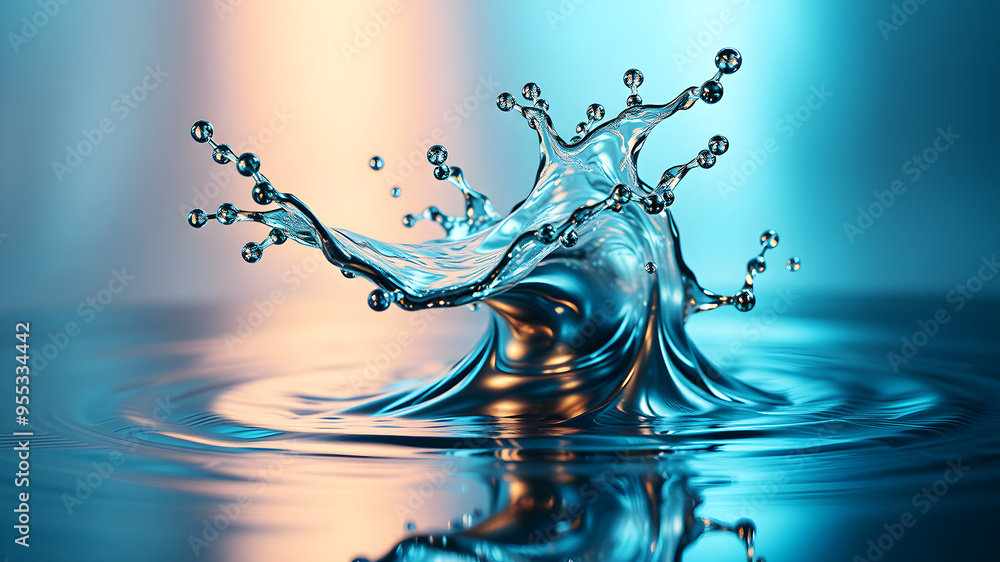 Poster a dynamic 3d wave of liquid metal splashing against a reflective surface, capturing movement and tex