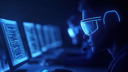 A focused individual wearing futuristic glasses and a headset, engaged in programming or gaming in a dimly lit environment.