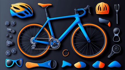 Fototapeta premium Vibrant blue bicycle and accessories arranged creatively on a dark background, showcasing cycling gear and equipment.