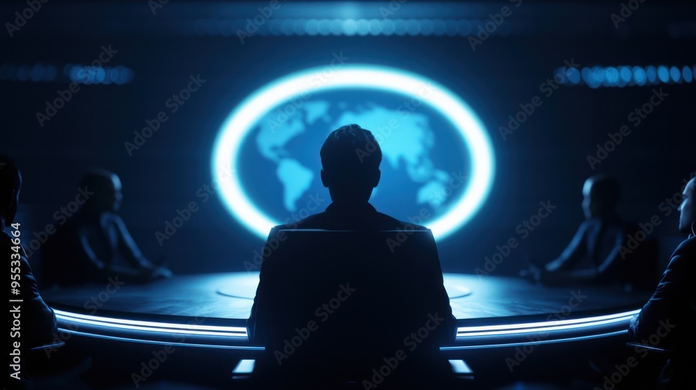 Aufkleber a group of people strategizing around a table with a glowing world map projection, symbolizing globa