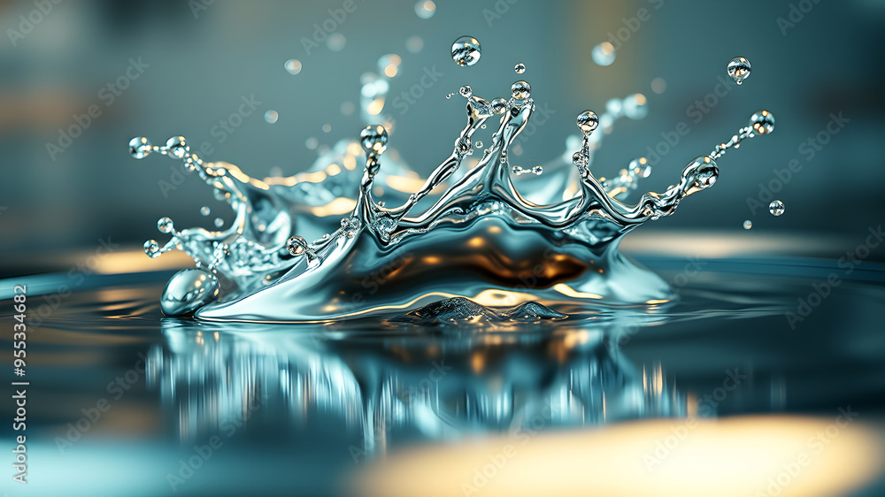 Poster a dynamic 3d wave of liquid metal splashing against a reflective surface, capturing movement and tex