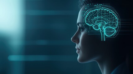 Obraz premium A futuristic profile of a woman with a digital brain overlay, representing technology and neuroscience innovation.