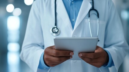 A medical professional analyzes patient data on a tablet in a modern healthcare environment, showcasing technology in medicine.