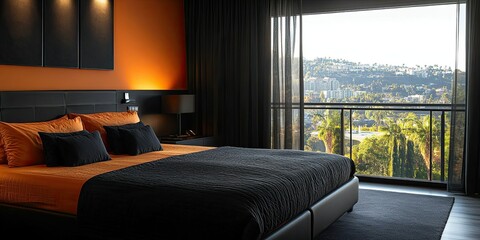 Fototapeta premium luxury orange hotel room with black modern set of bed and beautiful view balcony 