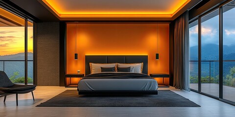 luxury orange hotel room with black modern set of bed and beautiful view balcony 