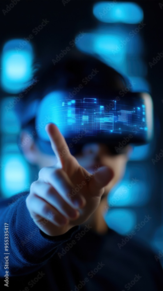 Poster a person wearing a virtual reality headset interacts with a digital interface in a futuristic settin