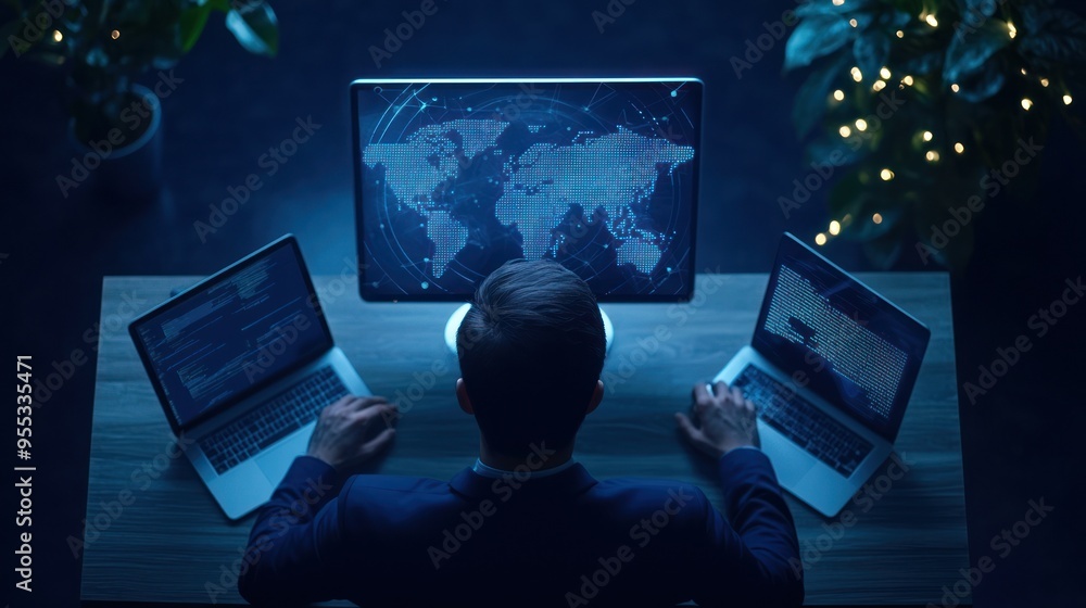 Poster a professional working late at night on multiple laptops, analyzing global data on a large monitor i