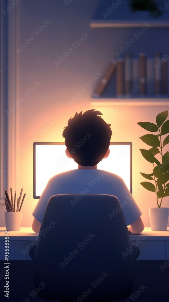 Poster a serene workspace scene featuring a person working late at night, illuminated by a computer screen 