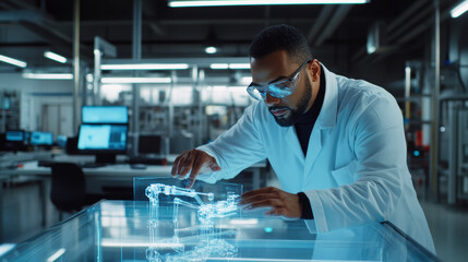 Man in lab coat and goggles interacting with 3D holographic model of robotic arm on transparent table in modern, well-lit industrial factory.