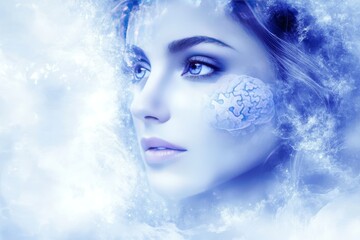Brain body interaction Brain derived neurotrophic factor Ethereal portrait of a woman with icy blue tones symbolizing the cold clarity of thought and the serenity of introspection