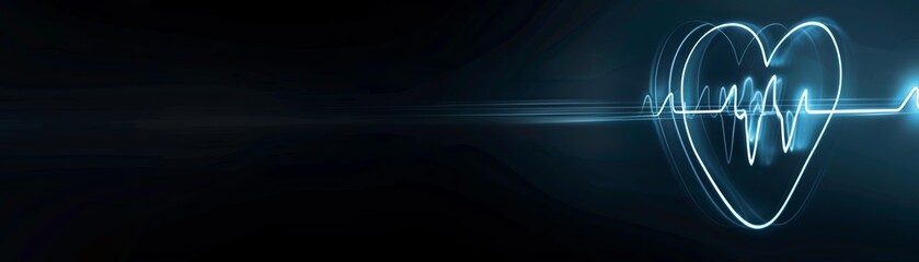 Neon heart and pulse line on black background, glowing white, minimalistic design, medical theme