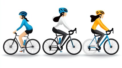 Fototapeta premium Three female cyclists in stylish outfits and helmets pedaling on bicycles, showcasing outdoor athleticism and fitness.