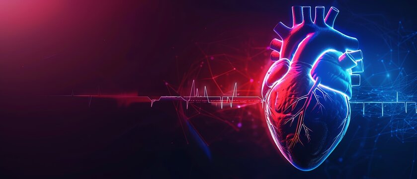 Neon heart with pulse line, dark background, glowing red and blue, medical technology, dynamic lighting