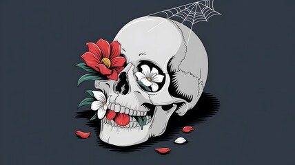 Fototapeta premium Dark Fantasy Design with a Human Skull and Lush Flowers