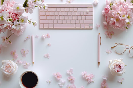 Top view keyboard and pen are on a table with pink flowers with copy space. Concept of creativity and productivity
