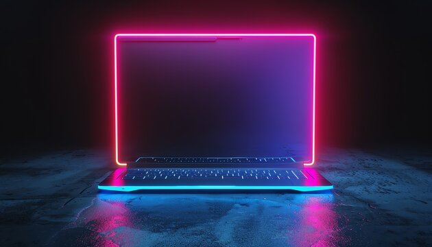 Neonlit laptop with glowing pink and blue frame, dark background, futuristic tech vibe