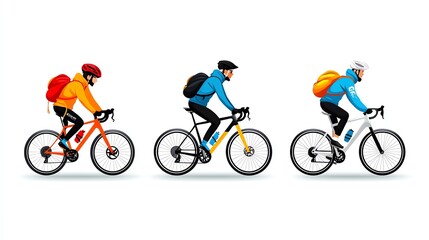 Naklejka premium Three cyclists riding in colorful outfits, showcasing fitness, outdoor adventure, and healthy lifestyle.