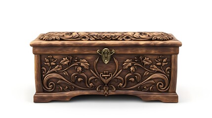 Ornately Carved Antique Wooden Storage Chest with Brass Accents on Isolated White Background