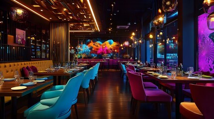 Fototapeta premium A vibrant restaurant interior with dynamic ever-changing themes
