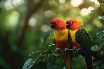 Two sun conures perched on branch in lush green forest