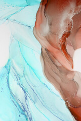 Abstract fluid art with vibrant hues of blue and rust, showcasing organic shapes and smooth transitions blending together beautifully