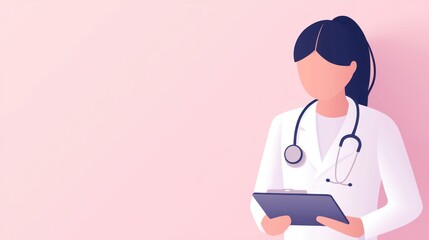 Fototapeta premium Illustration of a female doctor holding a clipboard in a professional setting, symbolizing healthcare and medical services.