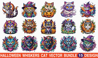 Fototapeta premium Halloween Whisker Cat T-shirt Design, vector illustration art, pumpkins, autumn, white background, EPS 10.