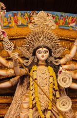 Subho mahalaya, An idol of Goddess Durga decorated in Pandal. Durga Puja is biggest religious festival of Hinduism and for bengalis and is now celebrated worldwide.