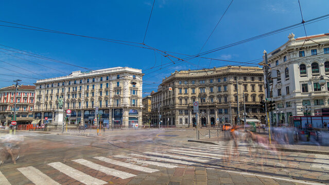 Cordusio Square and Dante street with surrounding palaces, houses and buildings timelapse hyperlapse