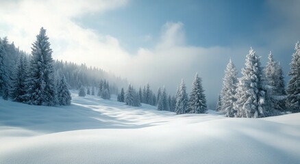 Snow-covered landscape with evergreen trees and mountains under a clear sky during winter