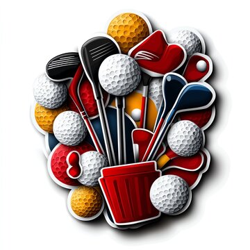 A colorful collection of golf equipment, including clubs and balls, perfect for illustrating sports and leisure themes.
