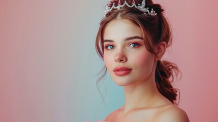 Naklejka premium beautiful sixteen girl with dress and crown on pink background