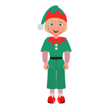 Flat Vector Illustration of Kid Boy Wearing Christmas Elf Costume, Cartoon Character Set For Animation, Various Views, Poses and Gestures. Item 1