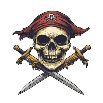 Vintage pirate skull with crossed swords logo on a clean backdrop in nautical style