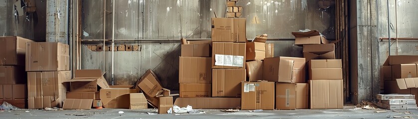 Recycled cardboard boxes in an abandoned warehouse