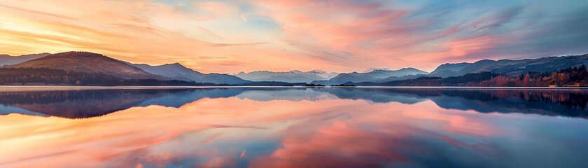 Fototapeta premium Scenic lake with mountains reflecting in the water during sunset
