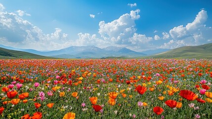 Serene Meadow of Blooming Pastel-Colored Poppies with Majestic Mountains in the Distance