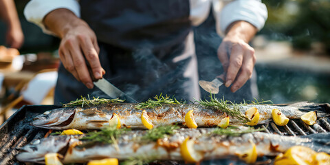 Chef grilling fresh fish with lemon and herbs outdoors