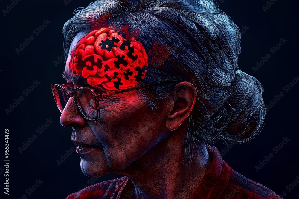 Canvas Prints Psychological assessment BDNF Elderly woman with a glowing brain symbolizing the wisdom and clarity that comes with age and experience